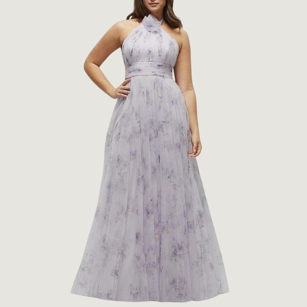 Dessy Collection Floral Tulle Halter Maxi Dress Lavender 6 Ethereal Fairy NWT